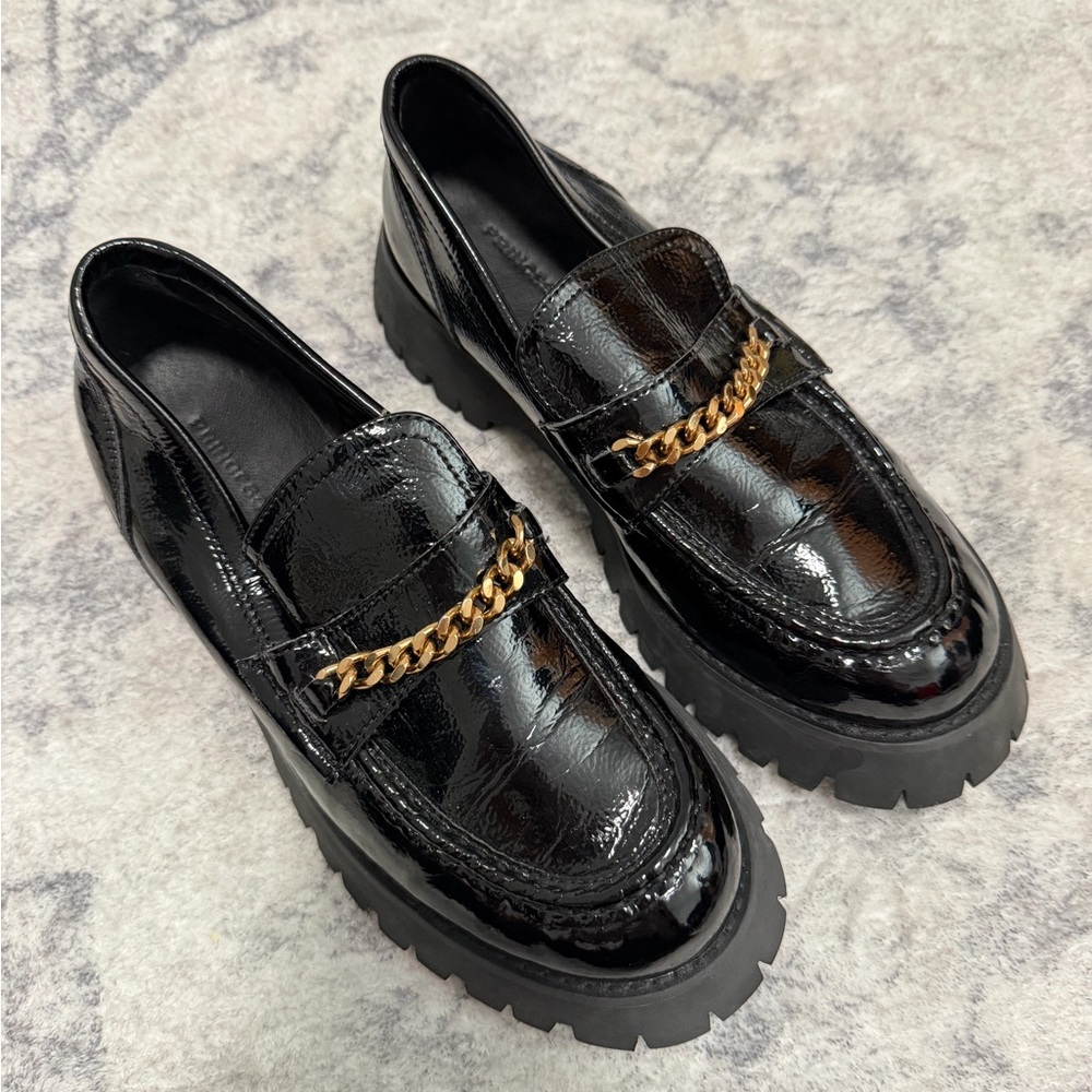 Princess Polly Black Chunky Leather Loafers With Gold Chain